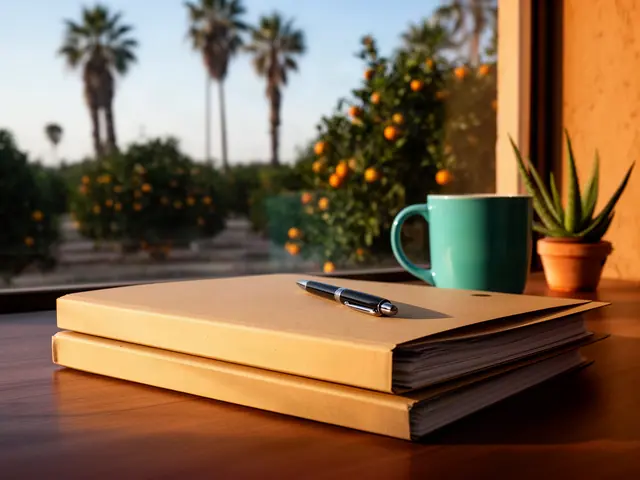 A neat stack of closed manila folders and a pen on a desk by a window.